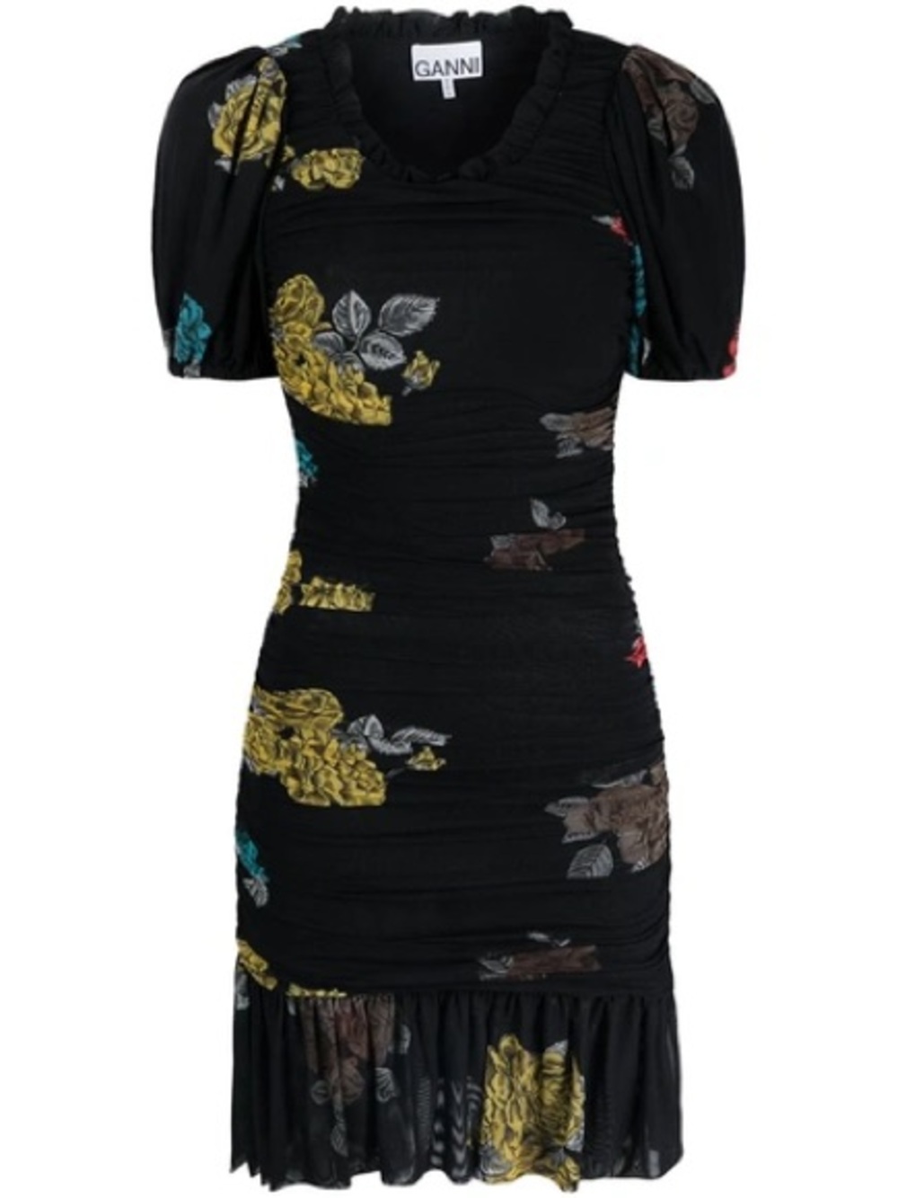 Ganni Ruffled Ruched Floral-print Mesh Mini Dress In Black